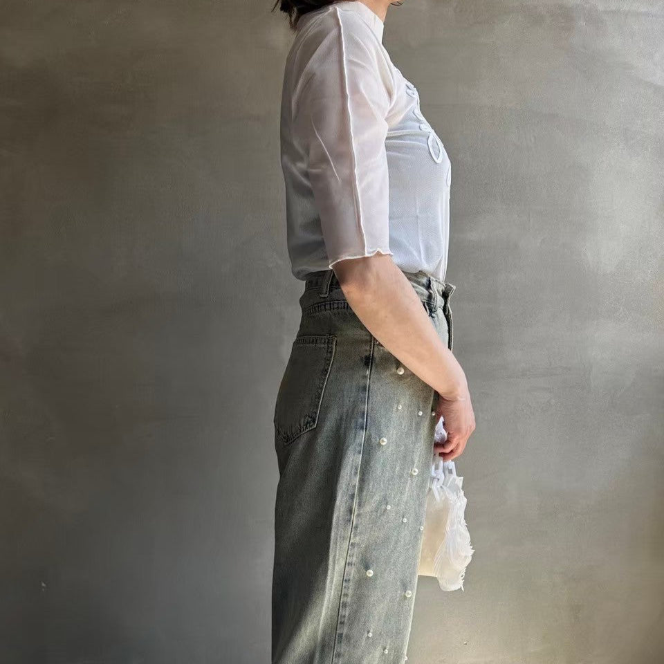 【ハモミシノオトナフク】tape embroidery sheer blouse