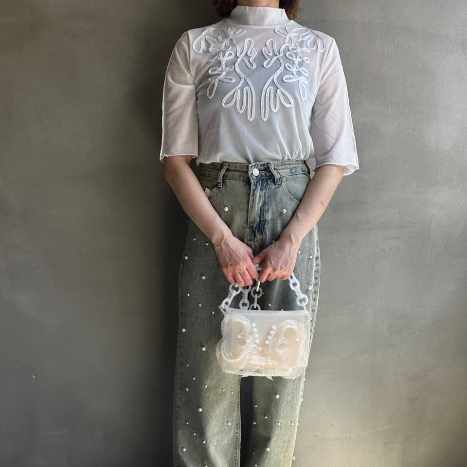 【ハモミシノオトナフク】tape embroidery sheer blouse