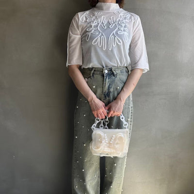 【ハモミシノオトナフク】tape embroidery sheer blouse