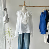【ハモミシノオトナフク】Ruffle Collar Semi-Sheer Blouse