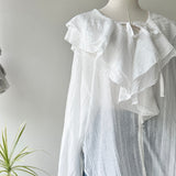 【ハモミシノオトナフク】Ruffle Collar Semi-Sheer Blouse