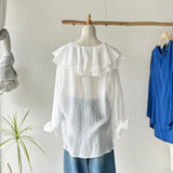 【ハモミシノオトナフク】Ruffle Collar Semi-Sheer Blouse