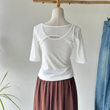 【ハモミシノオトナフク】2-way Sheer Asymmetrical Layered Tee