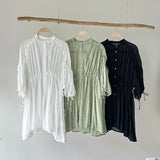 【ハモミシノオトナフク】Crinkled Ribbon Gathered Half-Sleeve Blouse