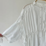 【ハモミシノオトナフク】Crinkled Ribbon Gathered Half-Sleeve Blouse
