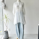【ハモミシノオトナフク】Crinkled Ribbon Gathered Half-Sleeve Blouse