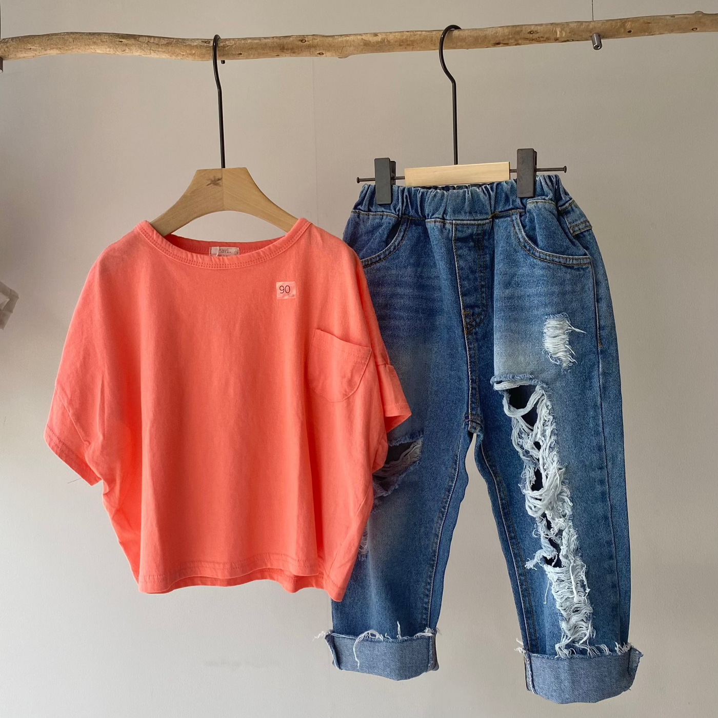 【hamomisi】Damage denim pants(90~150)