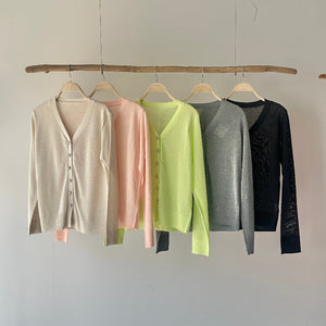 【ハモミシノオトナフク】Linen-touch metal button sheer cardigan