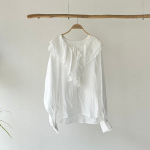 【ハモミシノオトナフク】Ruffle Collar Semi-Sheer Blouse