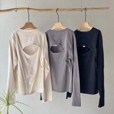 【ハモミシノオトナフク】Back cutout design long t-shirt