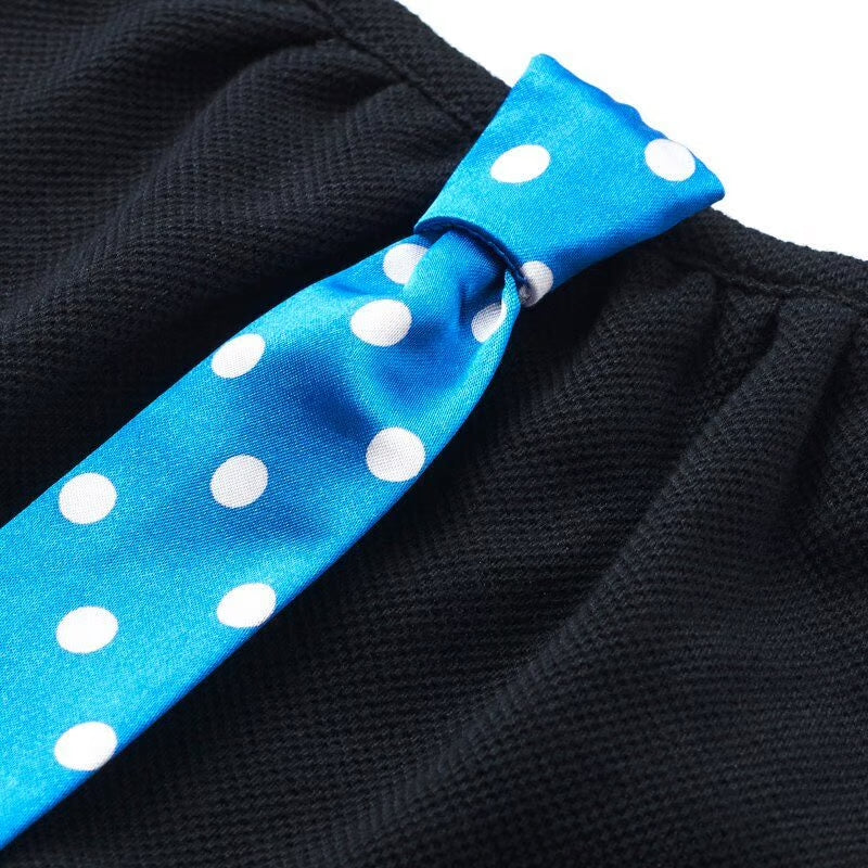 【Niva】ブルーに白いドットのサテン地ネクタイ付きスタイ（ブラック）／necktie 87