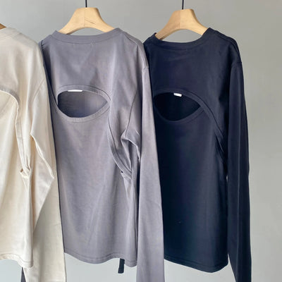 【ハモミシノオトナフク】Back cutout design long t-shirt