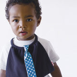 【Niva】ブルーに白いドットのサテン地ネクタイ付きスタイ（ブラック）／necktie 87